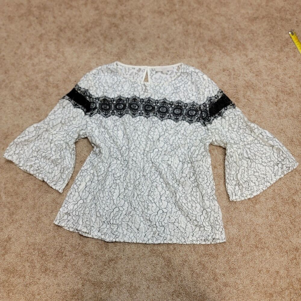 LOFT Floral Ivory & Black With Black Lace Bell Sleeve Shell Top Size Womens XXL